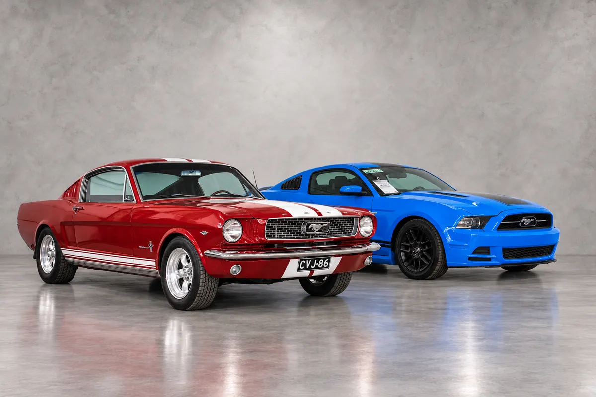 Klassinen punainen Ford Mustang Fastback ja moderni sininen Ford Mustang Koiviston Autotalon näyttelytilassa